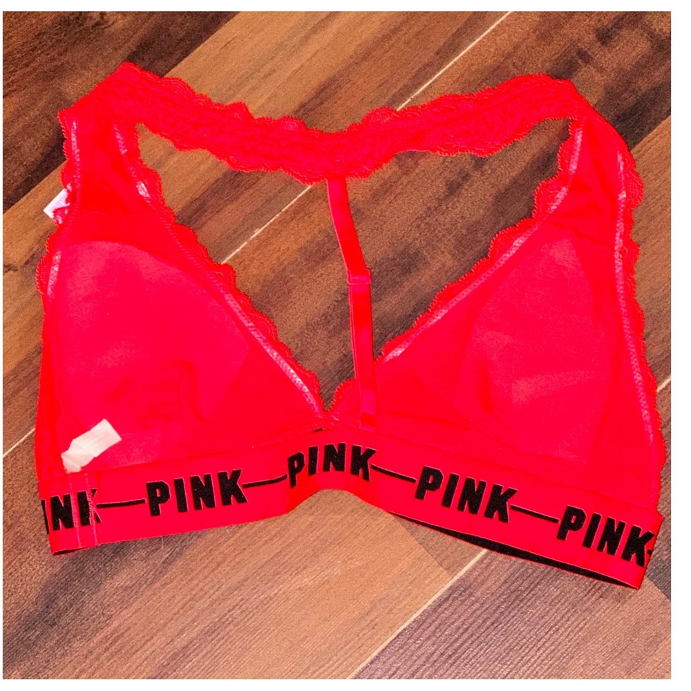 Victorias Secret PINK Red Lace Bralette Lightly Lined Racerback Logo Band Medium - Picture 2 of 4